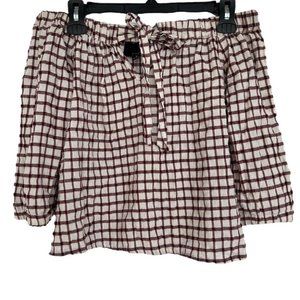 Lumière cotton/linen blend off-the-shoulder gingham tie-front top